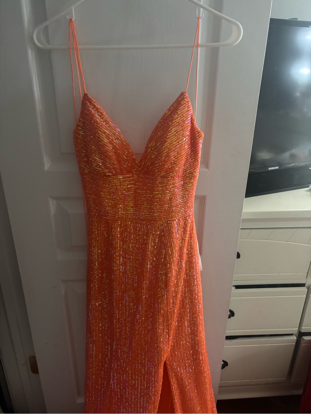 Sparkling Orange Sequin Spaghetti-Strap Prom Dress
